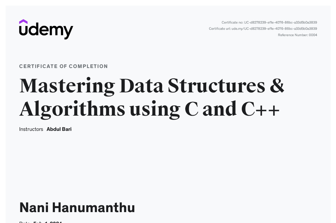 Data Structures and Algorithms Certificate
