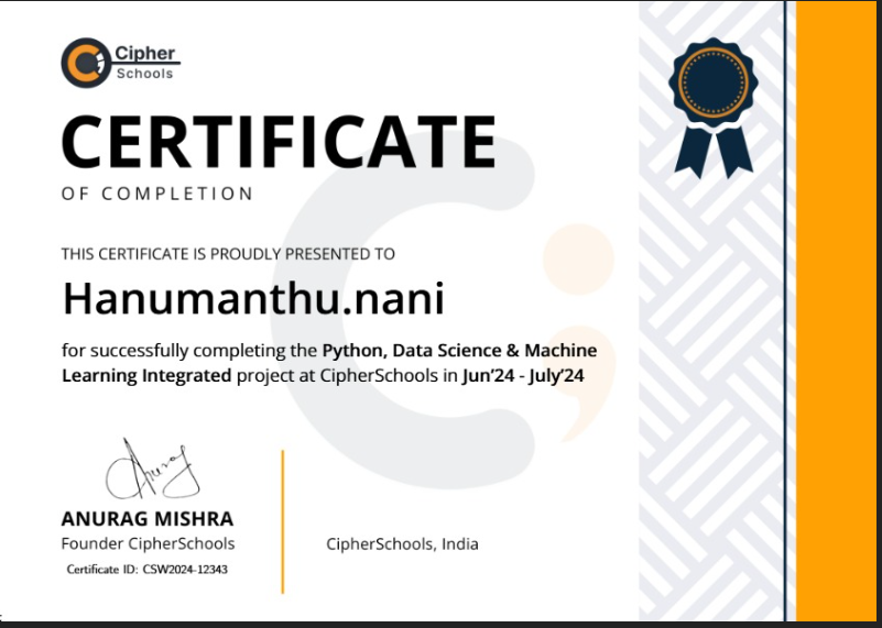 Data Science Using Python training certificate
